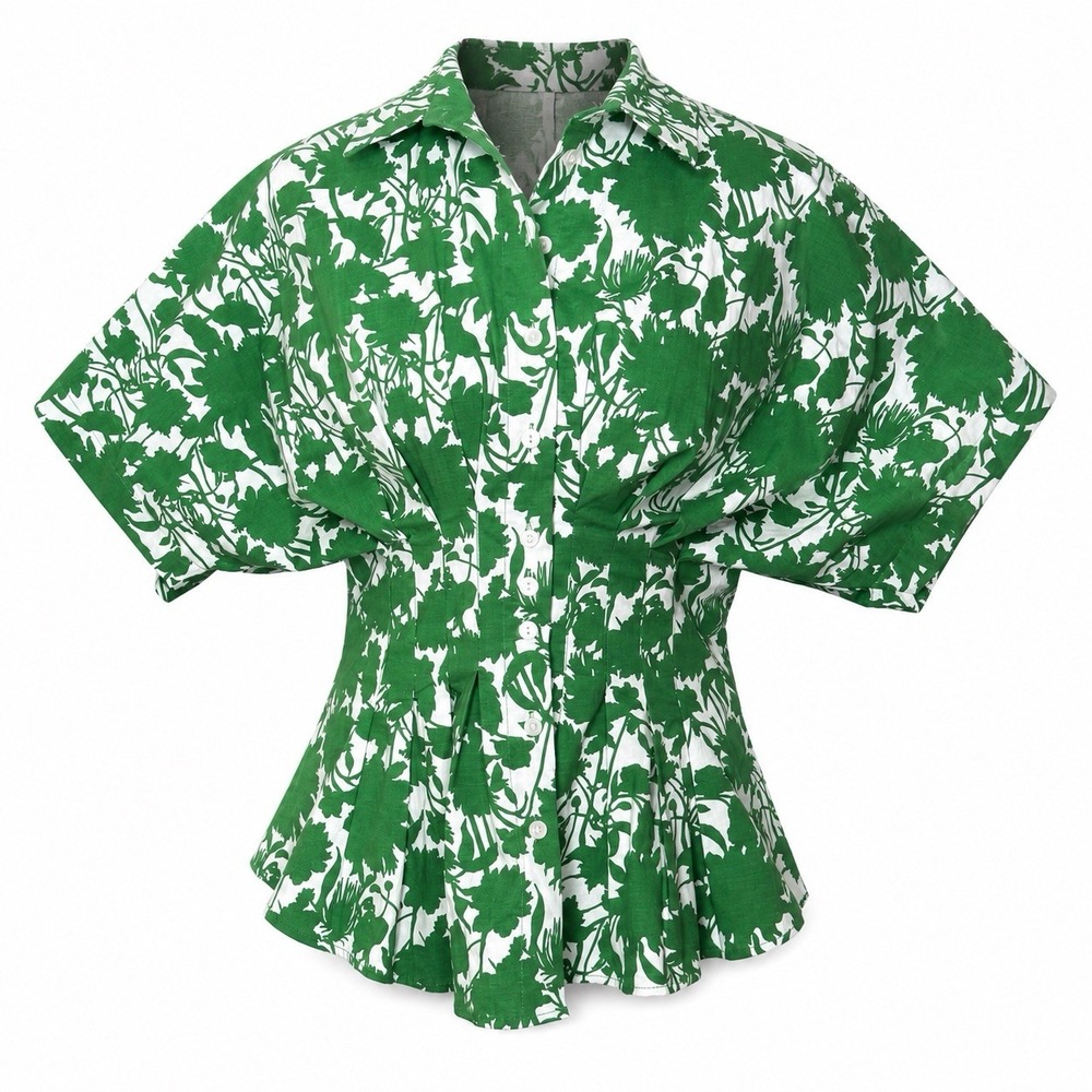 Exquise Anthropologie Tobie Top XS Green Floral Pleated Peplum Blouse Dolman